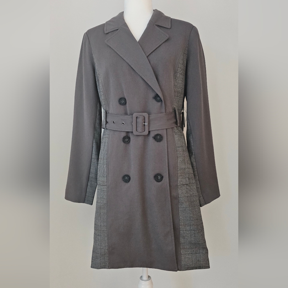 SIMPLY VERA Vera Wang Women's Charcoal Plaid Menswear Belted Trench Coat. Sz M